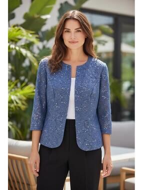Alex Evenings Petite Medium Blue Lace Sequin Jacket